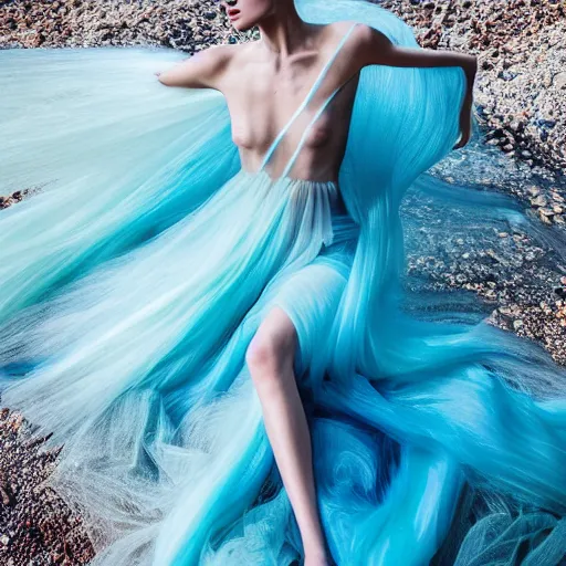 Prompt: a fashion photo, a representation of water, in a flowing gown, aquamarine, sheer, luminous, iridescent, wildlife, jovana rikalo