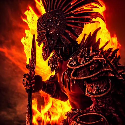 Image similar to a corrupted warrior in flaming armor, shadows, exquisite detail, dark fantasy art, exquisite detail, cinematic shot, digital art, flames