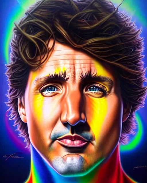 Image similar to detailed portrait of justin trudeau colorful socks!!! by tomasz alen kopera and peter mohrbacher and johanna martine! and margaret keane! coherent luminescent