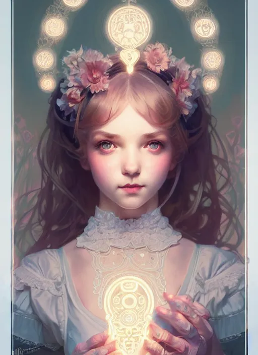 Image similar to symmetry!! cute girl in lolita clothes, intricate, elegant, glowing lights!! highly detailed, digital painting, artstation, concept art, smooth, sharp focus, illustration, art by artgerm and greg rutkowski and alphonse mucha