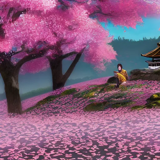 Image similar to A lone samurai sitting on a hill surrounded by cherry blossom trees, photorealism, concept art, HD —H 1024