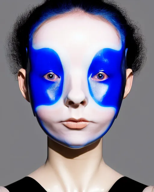 Prompt: symmetrical portrait of a woman wearing a embroidered translucent silicone beauty mask and deep blue hair buns, wearing a black bodysuit by alexander mcqueen, cream white background, soft diffused light, biotechnology, humanoide robot, bjork aesthetic, translucent, by rineke dijkstra, intricate details, highly detailed, masterpiece,