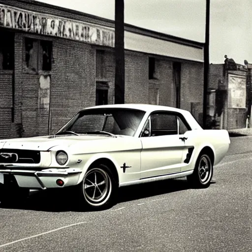 Prompt: “1965 Ford Mustang in a the middle of the street in a wild western town in 1800s, old tintype print”