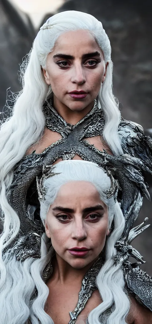 Image similar to Lady Gaga as Daenerys Targaryen mother of dragons, drogon, XF IQ4, 150MP, 50mm, F1.4, ISO 200, 1/160s, natural light