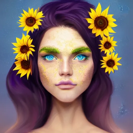 Prompt: a beautiful stunning matte digital portrait illustration of a blue-eyed woman with freckles and violet hair wearing a yellow sunflower crown, in the style of Ross Tran, trending on artstation, contest winner