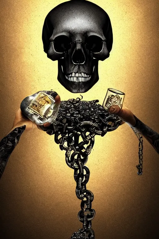 Image similar to pile Off pills , drugs and a skull on the table, skull made out of smoke coming out of pills, fantasy, intricate, elegant, highly detailed, digital painting, artstation, concept art, addiction, chains, smooth, sharp focus, illustration, art by Ilja Repin