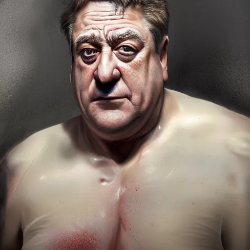 Image similar to hyperrealistic mixed media high resolution image of john goodman, sweating, stunning 3 d render inspired art by jamie salmon and istvan sandorfi and unreal engine and greg rutkowski, realistic flesh, dim volumetric lighting, 8 k octane beautifully detailed render, post - processing, extremely hyper - detailed, intricate, epic composition, highly detailed attributes, highly detailed atmosphere, cinematic lighting