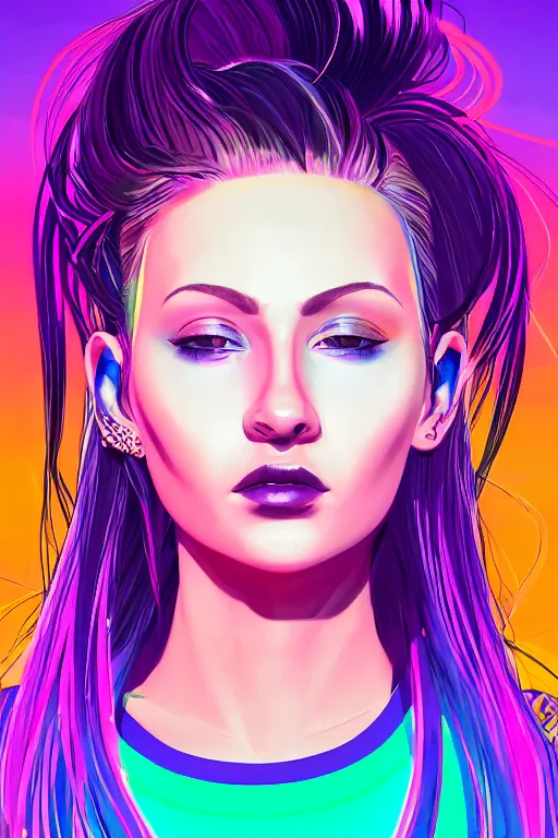 Image similar to a award winning half body portrait of a beautiful woman in a croptop and cargo pants with ombre purple pink teal hairstyle surrounded by whirling illuminated lines, outrun, vaporware, shaded flat illustration, digital art, trending on artstation, highly detailed, fine detail, intricate