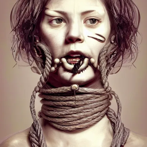 Image similar to portrait of a Shibari rope wrapped around the face and neck of an young female cyborg merchant, mouth wired shut, headshot, insanely nice professional hair style, dramatic hair color, digital painting, of a old 17th century, amber jewels, baroque, ornate clothing, scifi, realistic, hyper detailed, chiaroscuro, concept art, art by Franz Hals and Jon Foster and Ayami Kojima and Amano and Karol Bak,