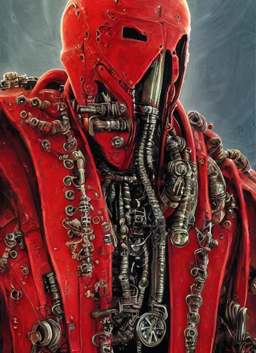 Image similar to portrait of rotten Nicolas Cage as adeptus mechanicus in red hood and robe from Warhammer 40000, mechanical tentacles. Highly detailed, artstation, illustration by and John Blanche and zdislav beksinski and wayne barlowe