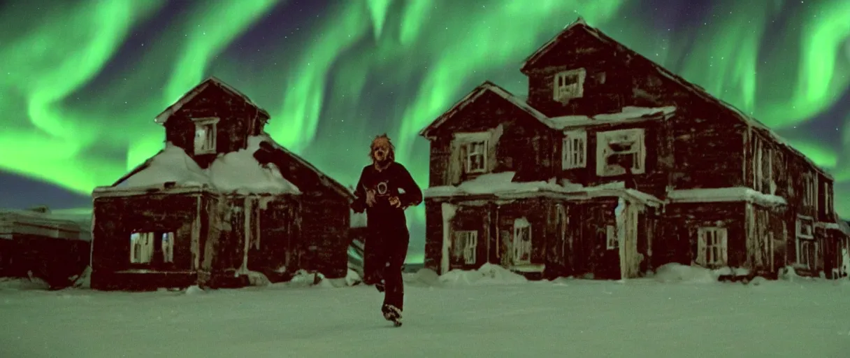 Image similar to filmic extreme wide shot movie still 4 k uhd exterior shot 3 5 mm film color photograph of a people running in terror around a village in the antarctic at night with the northern lights lighting up the sky and the buildings, in the style of the horror film the thing 1 9 8 2