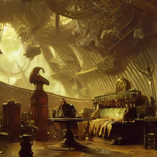 Prompt: scene from prometheus movie, syd mead artlilery spaceship lands in country tavern, filigree ornaments, volumetric lights, andreas achenbach