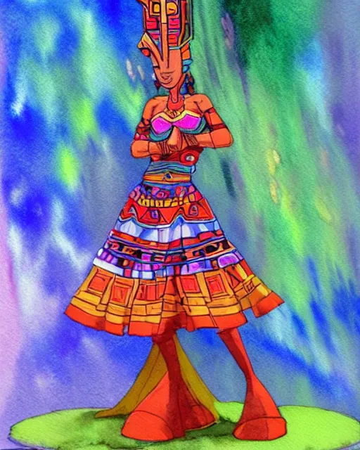 Image similar to aztec scifi pricess of the cloud forest, wearing a lovely dress. this watercolor painting by the award - winning animator has an interesting color scheme and impeccable lighting.