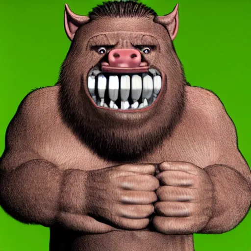 Prompt: ideal smile, manbearpig, friendly but not friendly monster