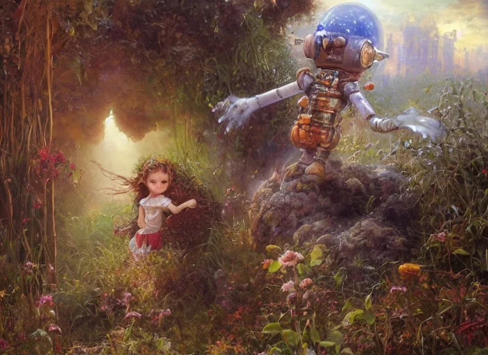 Image similar to a rusty broken down little robot, Lilia Alvarado, Sophie Anderson, Mark Arian, Bob Byerley, Charlie Bowater, Mark Brooks, Steve Henderson, Justin Gerard, Arthur Hughes, Edward Robert Hughes, Mark Keathley, Victor Nizovtsev, Carlos Shwabe, Ross Tran, WLOP