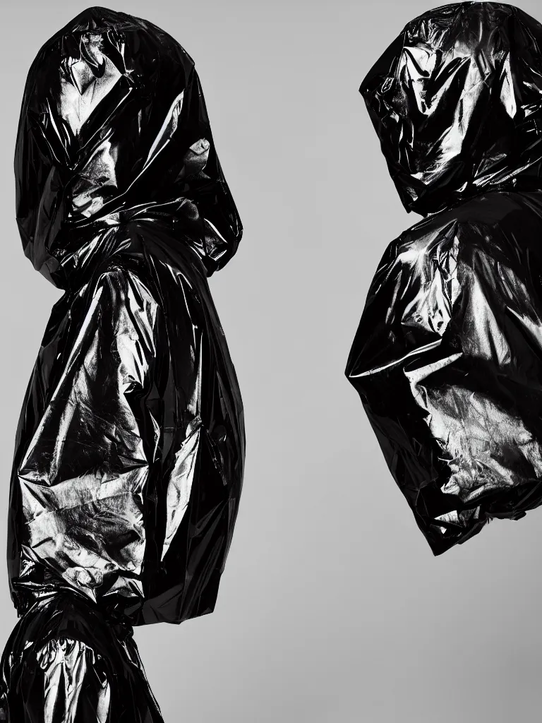 Prompt: photograph of a fashion model wearing black balenciaga hooded jacket, looking away from camera, covered in plastic, 4K,