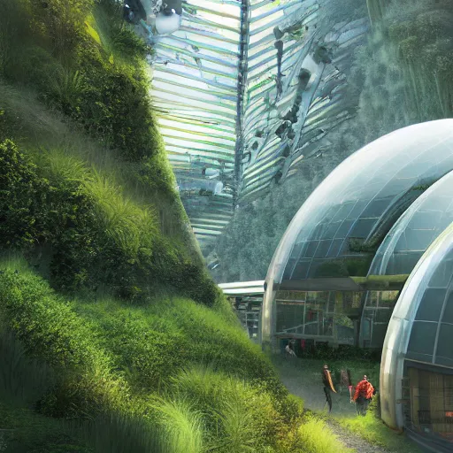 Image similar to vertical farms and white sci - fi dome in a steep sided valley with trees, a sense of hope and optimism, hyper realistic, high res, 4 k, warm light, edouard groult, bynde, kirill leonov