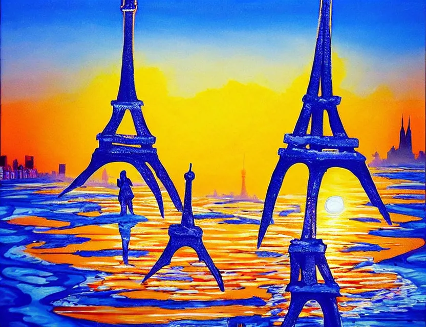 Prompt: a painting of a ice sculture like the eiffel tower in paris with melting ice on the skyline of paris on a very sunny bright summer sunset day, very hot and the ice is melting fast and people are swimming in the icecream in the style of james jean