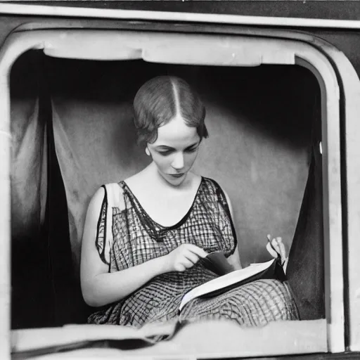 Prompt: the image is a lost hollywood film still 1 9 2 0 s photograph of a actress on set reading her script inside her trailer. vibrant cinematography, anamorphic lenses, crisp, detailed image in 4 k resolution.