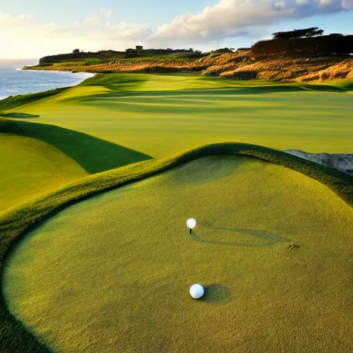 Prompt: a great photo from ground level of the most amazing golf hole in the world, cliffs by the sea, perfect green fairway, ambient light, golden hour