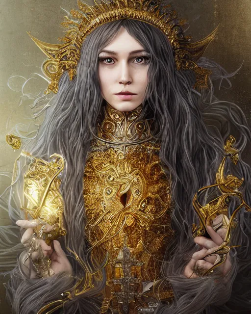 Prompt: highly detailed sharp photorealistic portrait of a beautiful female priestess with shimmering hair, symmetrical face and eyes, dressed in intricate silk and gold,holding sacred scripture, cgsociety, Elden Ring, Dark Souls, Bloodborne