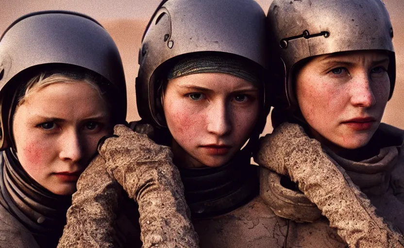 Image similar to cinestill 5 0 d photographic portrait by helen levitt of two loving female androids wearing rugged black mesh techwear on a desolate plain, extreme closeup, modern cyberpunk, dust storm, 8 k, hd, high resolution, 3 5 mm, f / 3 2, ultra realistic faces, ex machina