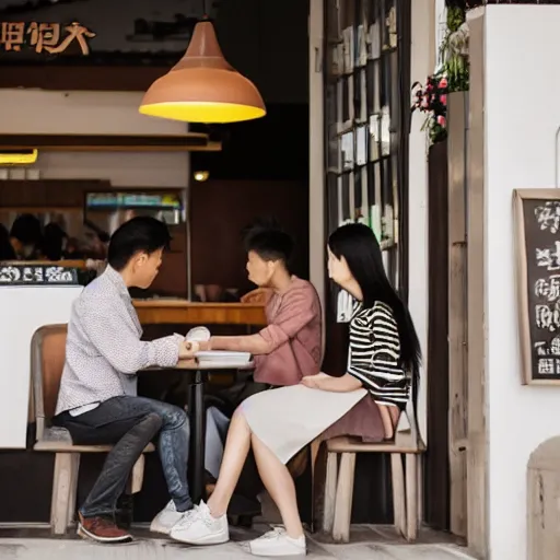 Image similar to taiwan brother, sister and her foreign husband sit down waiting for coffee in cafe