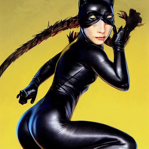 Image similar to Cat Woman, GTA Five Loading Artwork, highly detailed, digital painting, artstation, concept art, smooth, sharp focus, illustration, ArtStation, art by artgerm and greg rutkowski and alphonse mucha and J. C. Leyendecker and Edmund Blair Leighton and Katsuhiro Otomo and Geof Darrow and Phil hale and Ashley wood and Ilya repin and Charlie Bowater