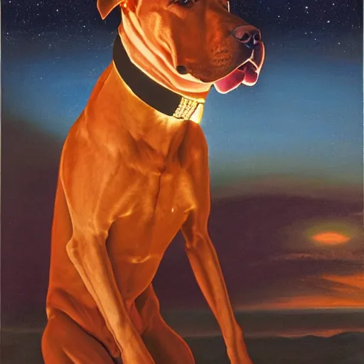 Image similar to the new age prophet Rhodesian ridgeback dog, illuminated from behind like a Catholic saint portrait, full moon night. Portrait by Paul Bonner, oil on canvas