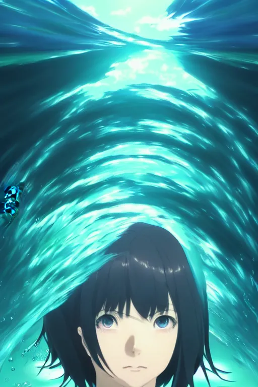 Image similar to makoto shinkai, artgerm, ilya kuvshinov, beautiful anime women with green dress, long blue hair, water powers water swirling, symmetrical face, symmetrical eyes, detailed, beach setting, cinematic lighting