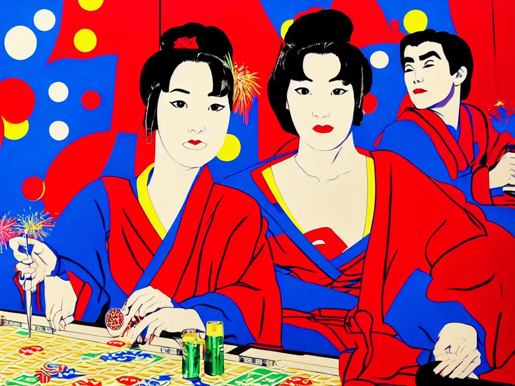 Image similar to hyperrealism composition of the detailed woman in a japanese kimono sitting at a poker table with superman, fireworks on the background, pop - art style, andy warhol style, acrylic on canvas