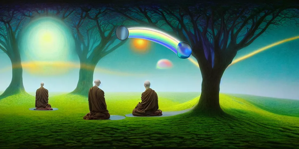 Image similar to neurograph, very very beautiful landscape, an echo a rainbow and a dream, monks praying in a temple forest through a spherical lens, surrealism, intricate, elegant, highly detailed, digital painting, trending on artstation, concept art, sharp focus, by rene magritte, moebius, wide shot