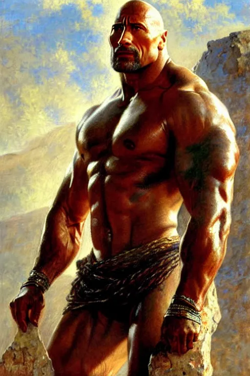 Image similar to Dwayne Johnson as gladiator, muscular, detailed face, correct face, painting by Gaston Bussiere, Craig Mullins