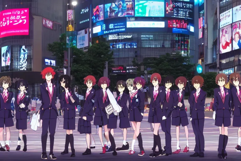 Prompt: ouran highschool host club at shibuya crossing, red weapon 8 k s 3 5, cooke anamorphic / i lenses, highly detailed, cinematic lighting