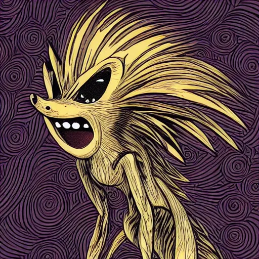 Image similar to low angle shot of a horrifying sonic the hedghehog, by Junji ito in the style of h r gieger, intricate, elegant, highly detailed, centered, digital painting, artstation, concept art, smooth