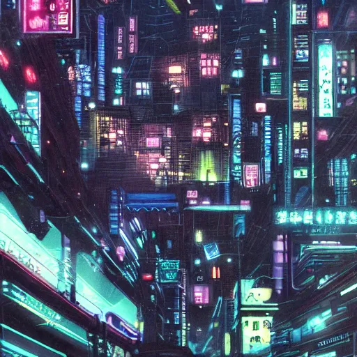 Prompt: cyber punk city on a rainy night, anime, by mamoru oshii, highly detailed, artstation, high resolution