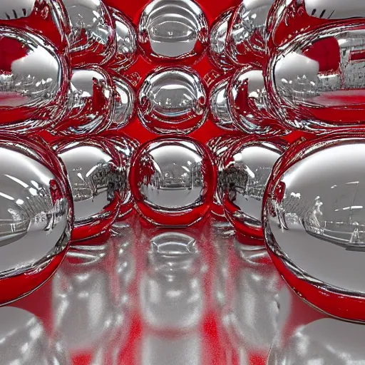 Prompt: chrome spheres on a red cube, hall of mirrors