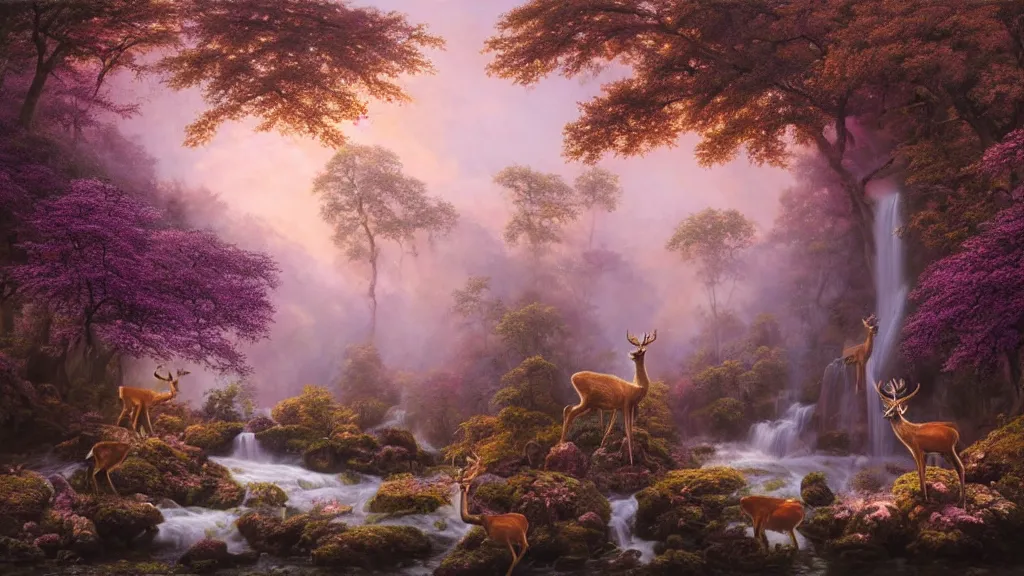 Image similar to the most beautiful panoramic landscape, oil painting, where a giant dreamy waterfall creates a river, the trees around are starting to bloom in pink and purple colors, a majestic deer is in close - up and it is under a giant tree while it is exhaling steam, the ray lights of the sunrise are brightening him, by greg rutkowski