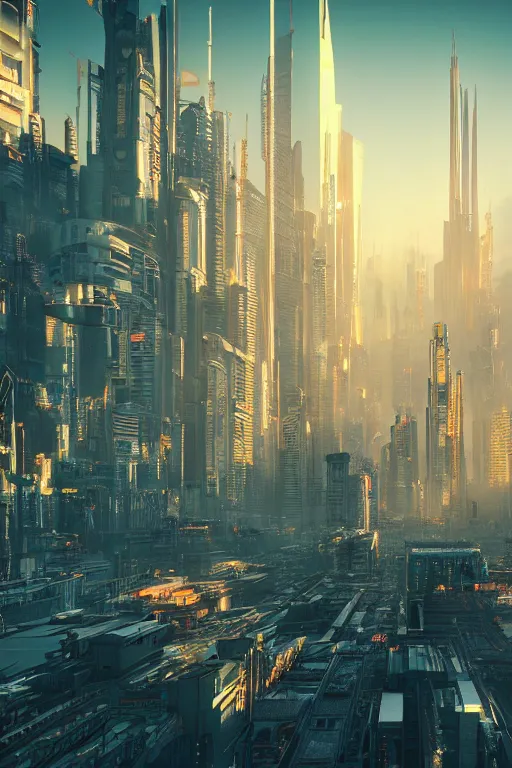 Image similar to cyberpunk cityscape with tall buildings at dusk golden hour orange cinematic lighting, epic composition. A golden daylight, hyper-realistic environment. Hyper and intricate detail, photo-realistic. Cinematic and volumetric light. Epic concept art. Octane render and Unreal Engine, trending on artstation