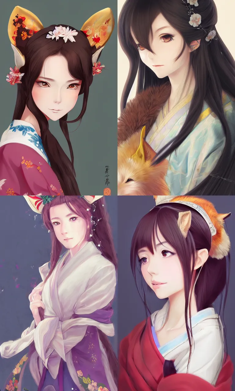 Image similar to A realistic anime portrait of a beautiful young noblewoman with fox ears wearing a kimono, digital painting, by WLOP and Rossdraws, digtial painting, trending on ArtStation, deviantart
