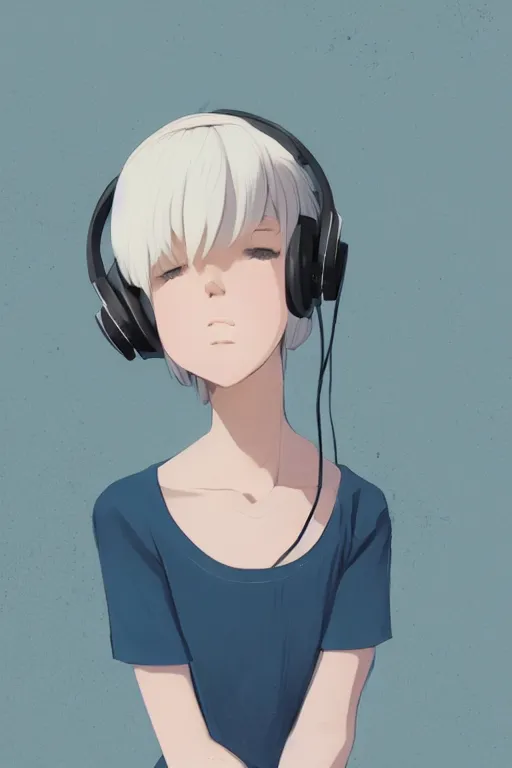 Prompt: a cute young woman leaning on a concrete wall while listening to music with her eyes closed and wearing headphones by Ilya Kuvshinov and Range Murata, white bob cut hair, blue filter, blue and white, soft lighting, atmospheric, cinematic atmosphere, moody, Krenz Cushart, digital painting, 8k