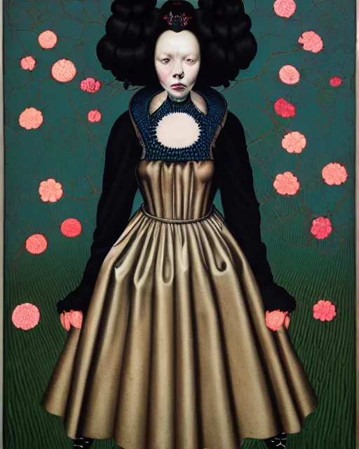 Prompt: symmetrical portrait of a woman with blue frizzy hair, wearing a high collar black dress by alexander mcqueen, and metallic platform shoes, standing in a botanical garden, bjork aesthetic, masterpiece, in the style of rogier van der weyden and jacopo da pontormo, by mark ryden, punk, asian art