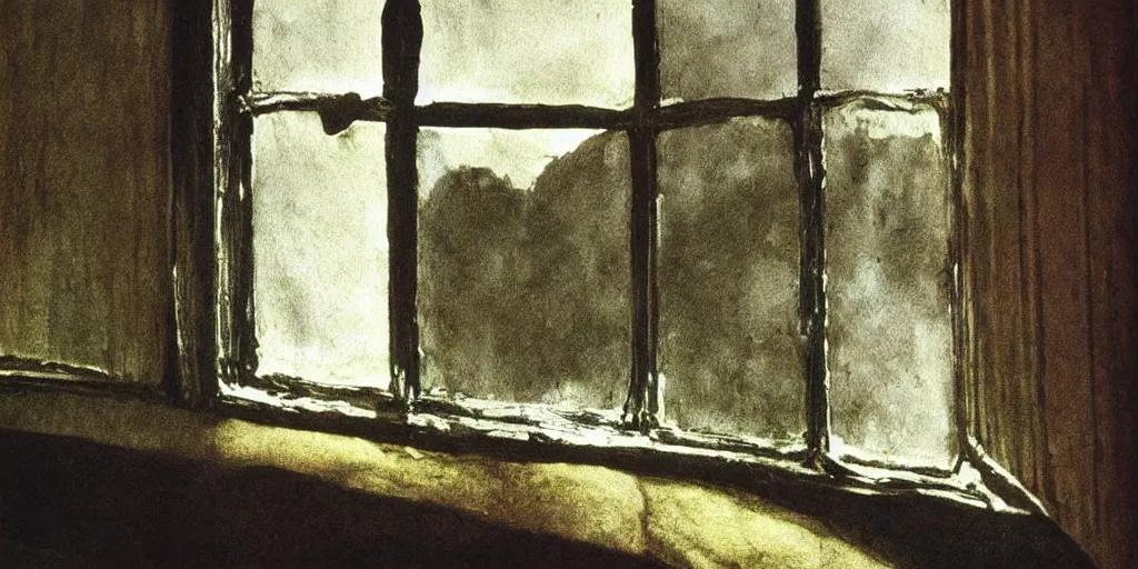 Image similar to the creepy person outside the window, a painting by Andrew Wyeth