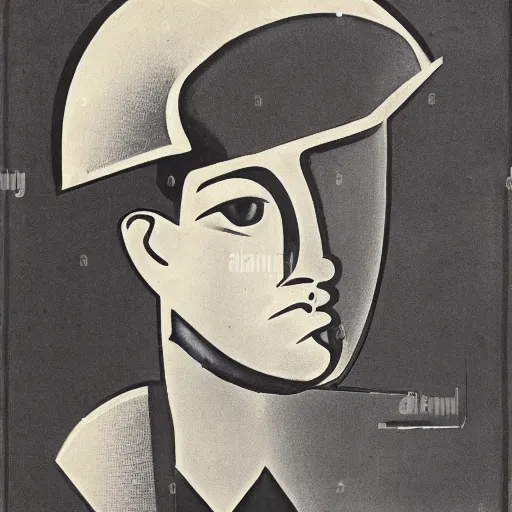 Prompt: a poster of a young man wearing a helmet. by ismael nery, wyndham lewis. soviet propaganda, american propaganda