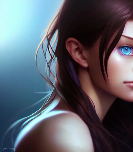 Image similar to beautiful portrait of an insanely gorgeous woman with blue eyes, brown hair and a perfect body, character design by charlie bowater, ross tran, artgerm, and makoto shinkai, detailed, soft lighting, rendered in octane