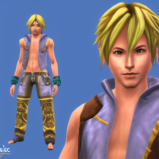 Prompt: Tidus from Final Fantasy X in The Sims 4,