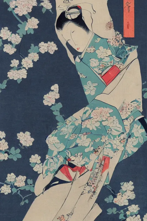 Image similar to geisha with traditional kimonogeisha with traditional kimono, art of the edo period, traditional japanese illustration