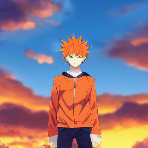 Image similar to orange - haired anime boy, 1 7 - year - old anime boy with wild spiky hair, wearing blue jacket, golden hour, partly cloudy sky, red clouds, orange sky, old town, strong lighting, strong shadows, vivid hues, ultra - realistic, sharp details, subsurface scattering, intricate details, hd anime, 2 0 1 9 anime