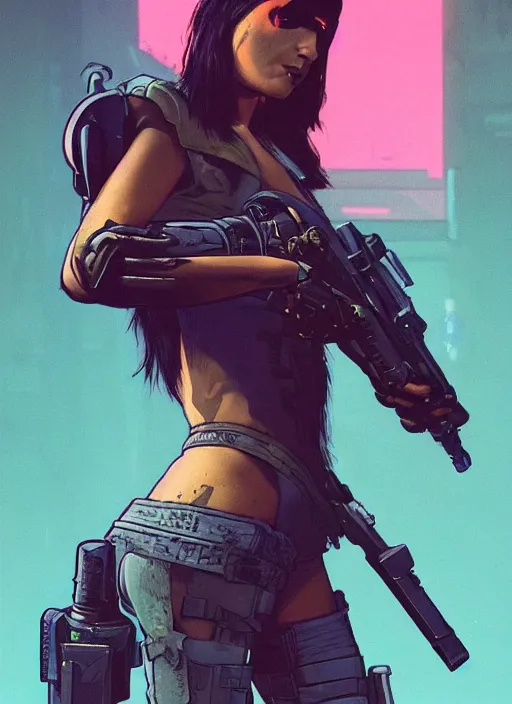 Image similar to cyberpunk mercenary. portrait by stonehouse and mœbius and will eisner and gil elvgren and pixar. realistic proportions. cyberpunk 2 0 7 7 character design, apex, blade runner 2 0 4 9 concept art. cel shading. attractive face. thick lines.