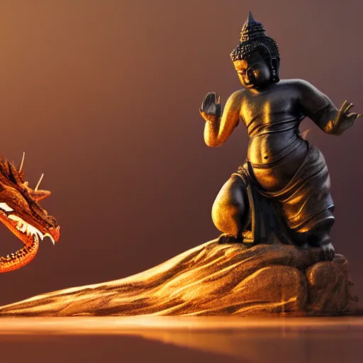 Prompt: a small Buddha statue fighting a dragon, dramatic lighting, illustration by Greg rutkowski, yoji shinkawa, 4k, digital art, concept art, trending on artstation